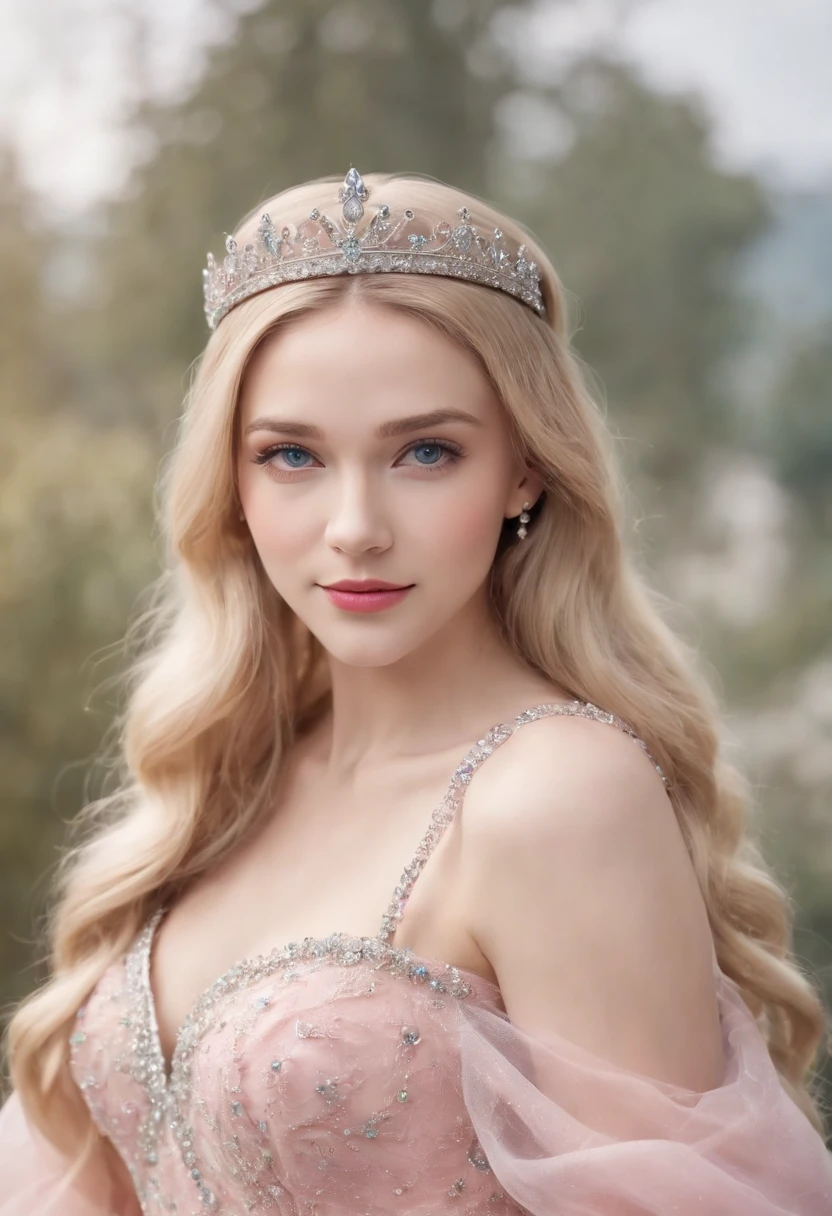 Princess、Long Blonde Hair、Blue eyes、23years old、perfectly proportions、pink dress、a serene smile、tiara studded with gemstones、Glamour