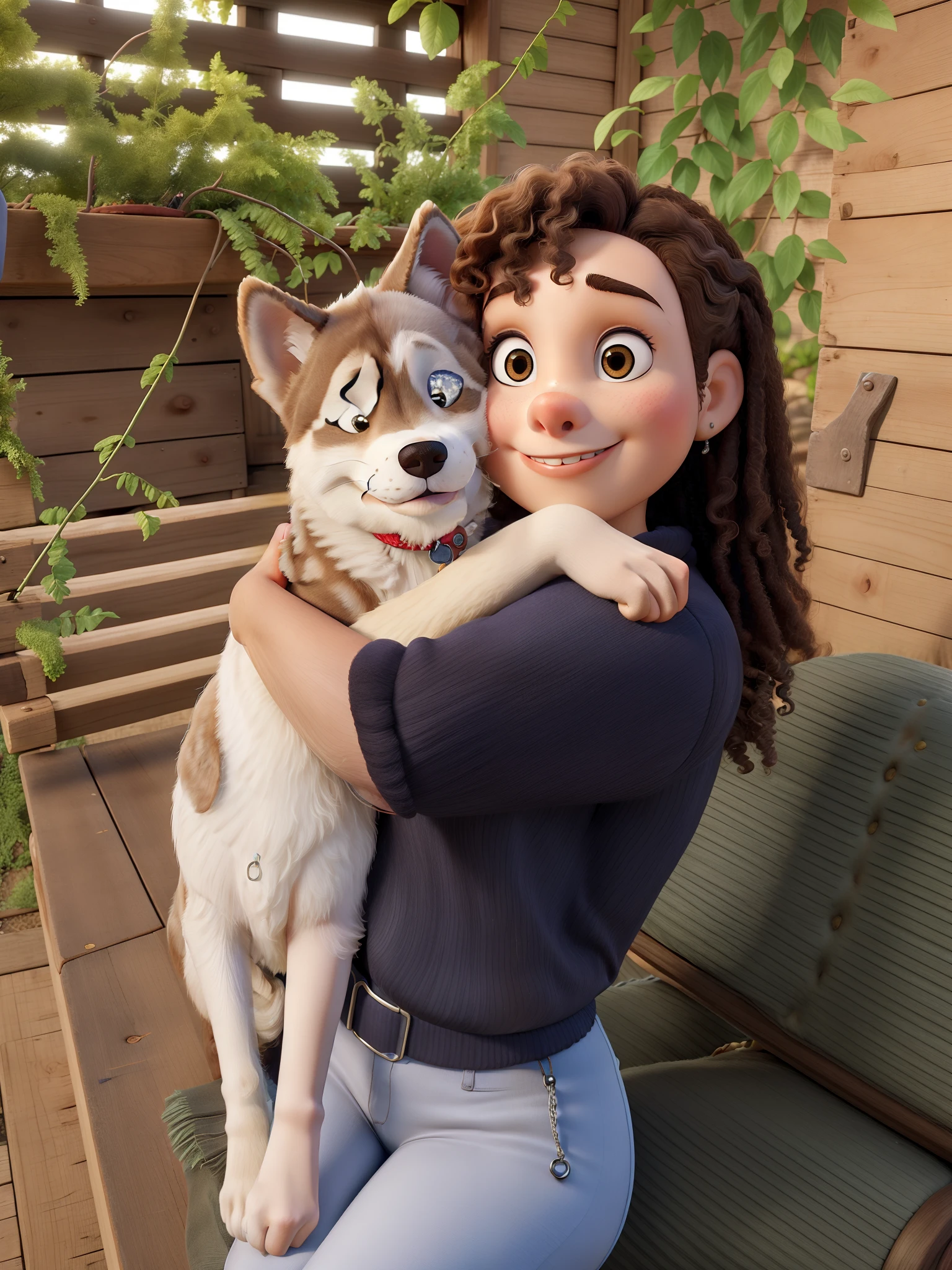 Obra-prima, de melhor qualidade, A curly-haired young lady with her light-haired husky on her lap