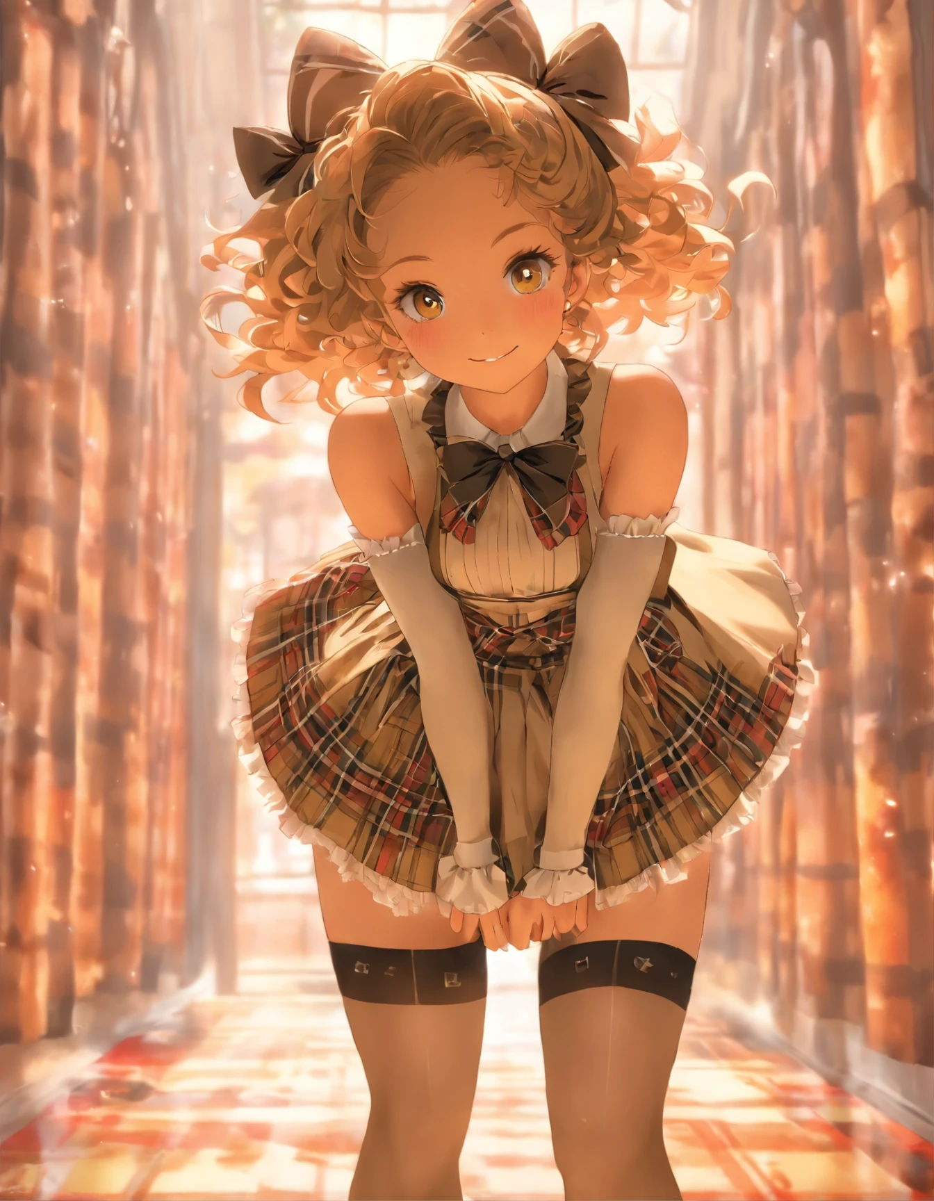 slim body,cinematic lighting,(((she lifts skirt a lot and shows pubic hair and overflowing pussy juice from pussy:1.5))), (small nipple visible through tartan plaid beige gothic lolita maid with ribbon:1.4), wide open very slim legs:1.2,pale white beautiful skin, garter belt,in 8K, best quality, masterpiece, ultra detailed, photo realistic,1 cute girl,14yo, detailed black eyes, outdoor, autumn kyoto tourism attractions,brown short hair, shy smile, looking at the viewer,dynamic angle, asianpussy1,perfect anatomy, realhands,