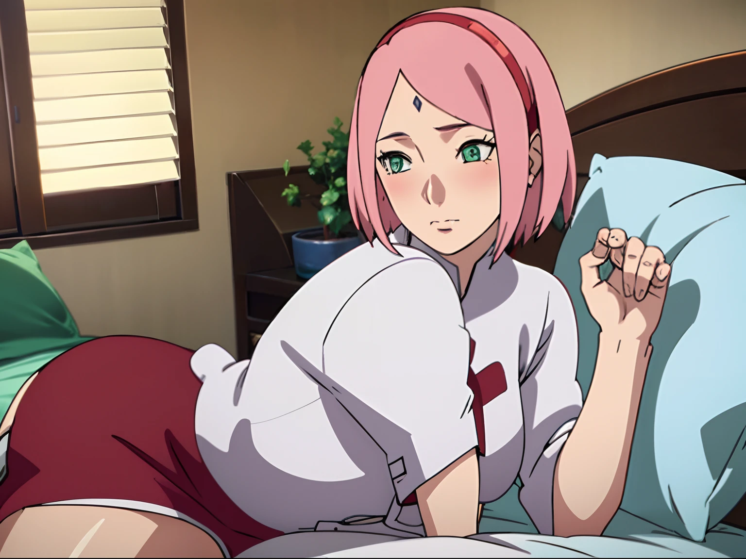 Bed , laying down ,arms up,white shirt