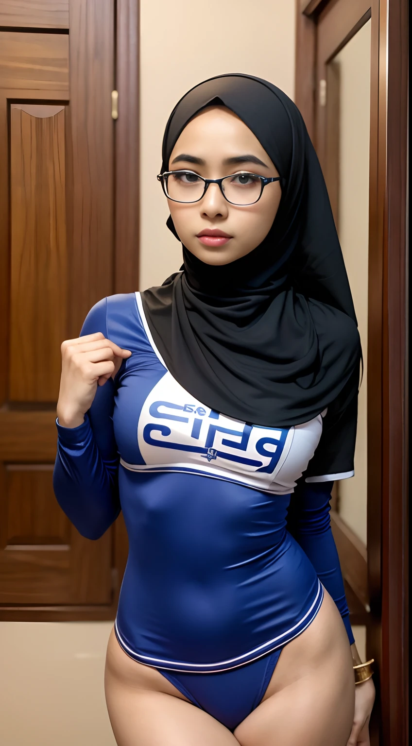 (iu:0.8), RAW, Best quality, high resolution, Masterpiece: 1.3, Beautiful cute glasses hijabi javanese woman in cheerleader, Masterpiece, Perfect slim body, Beautiful big eyes, Soft smile