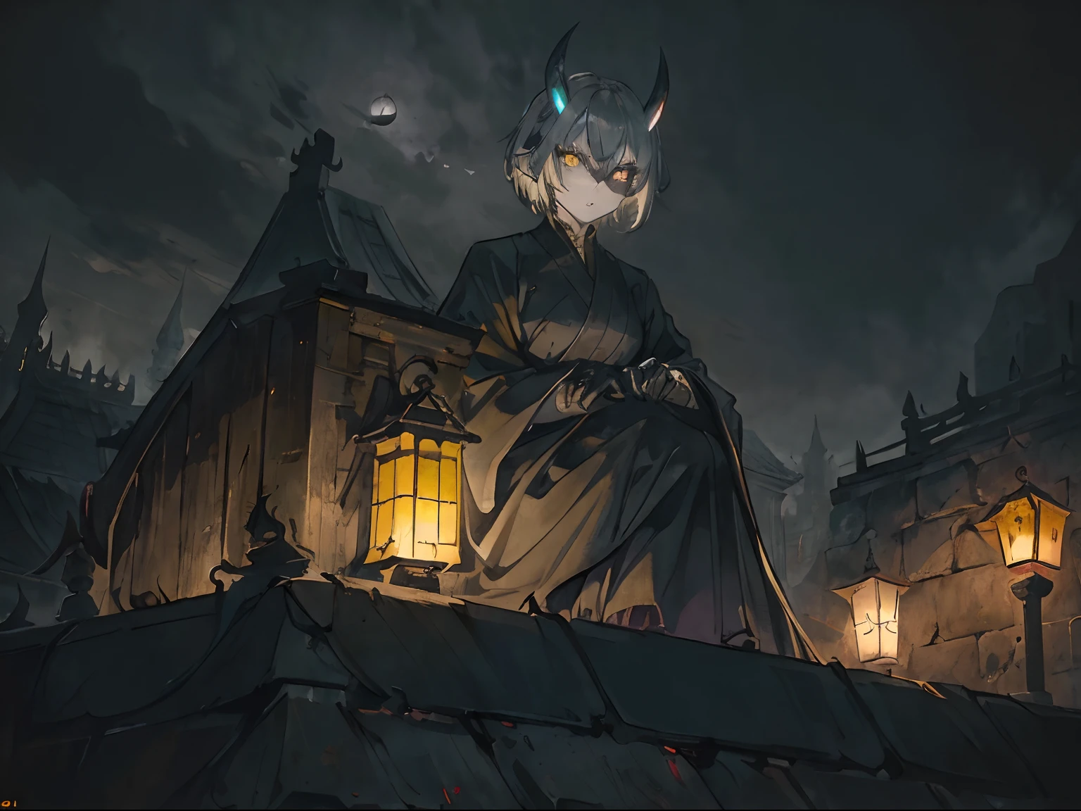 ((best quality, masterwork)) Gargoyle, humanoid, grey skin, grey tint, dark night, yellow eyes, glowing eyes, female, stone skin, black robes, short hair, gothic style, moon, gothic house, large horns, cracks in skin, sitting on roof, lantern, dark, full body