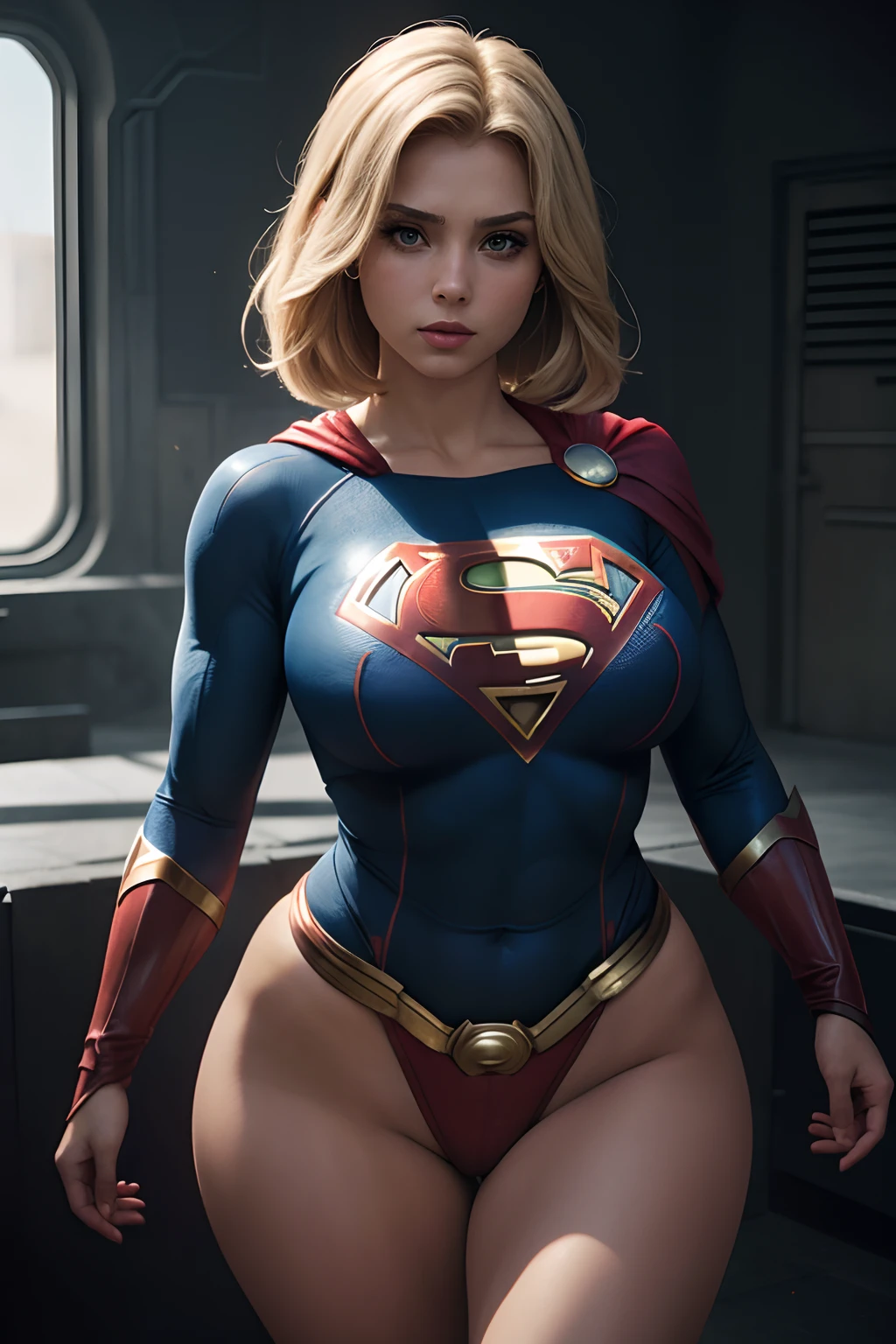 (8k), (mejor calidad), (obra maestra: 1.2), (realista), (superheroina Supergirl Hermosa mujer tiene el pelo corto, (He has a look of disdain on his face), Tiene definido cuerpo completo pechos grandes) , (Supergirl with her big cleavage and curvy body) (She's on a sex symbol), (Una chica pinup) Battlefield Alien Battlefield