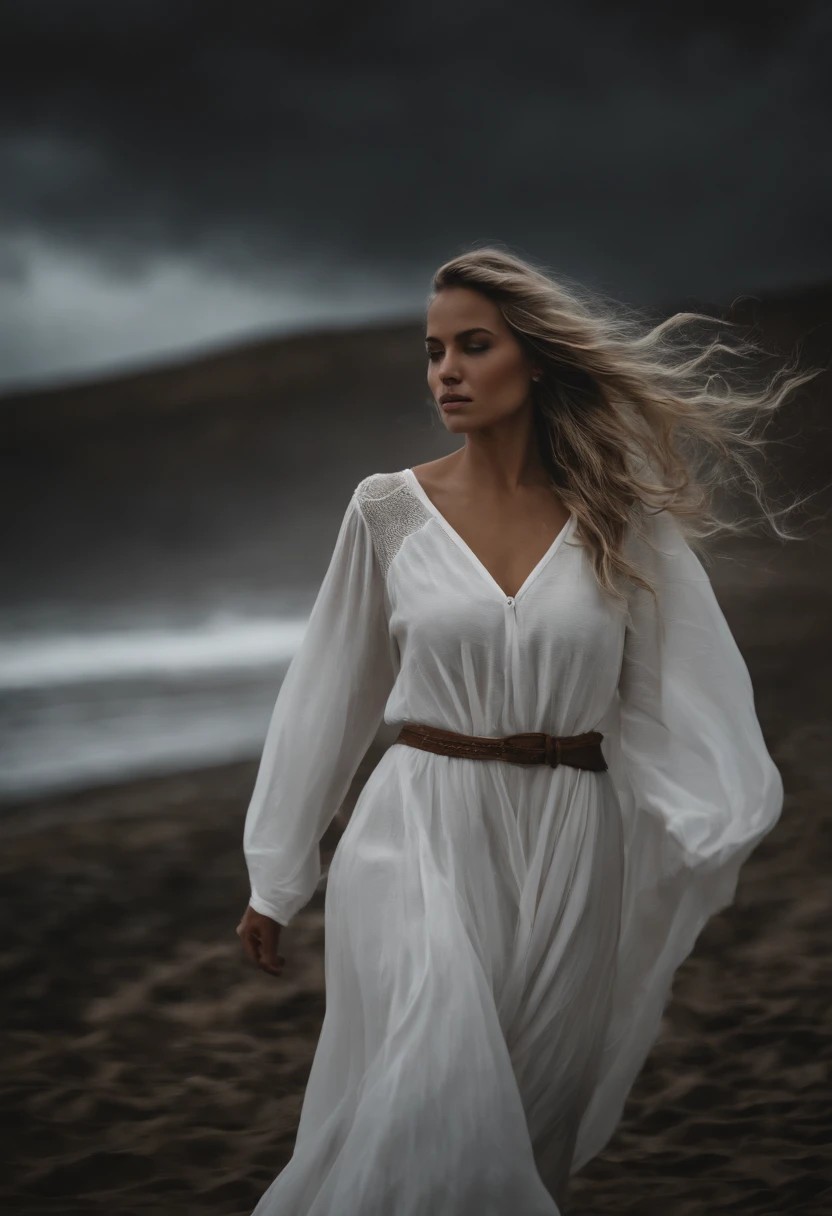 Una mujer de tez blanca con cabellos blanco parada al borde de un acantilado que denote soledad y tristesa en el ambiente, con lluvia y viento que se muestre en el cabello de la mujer