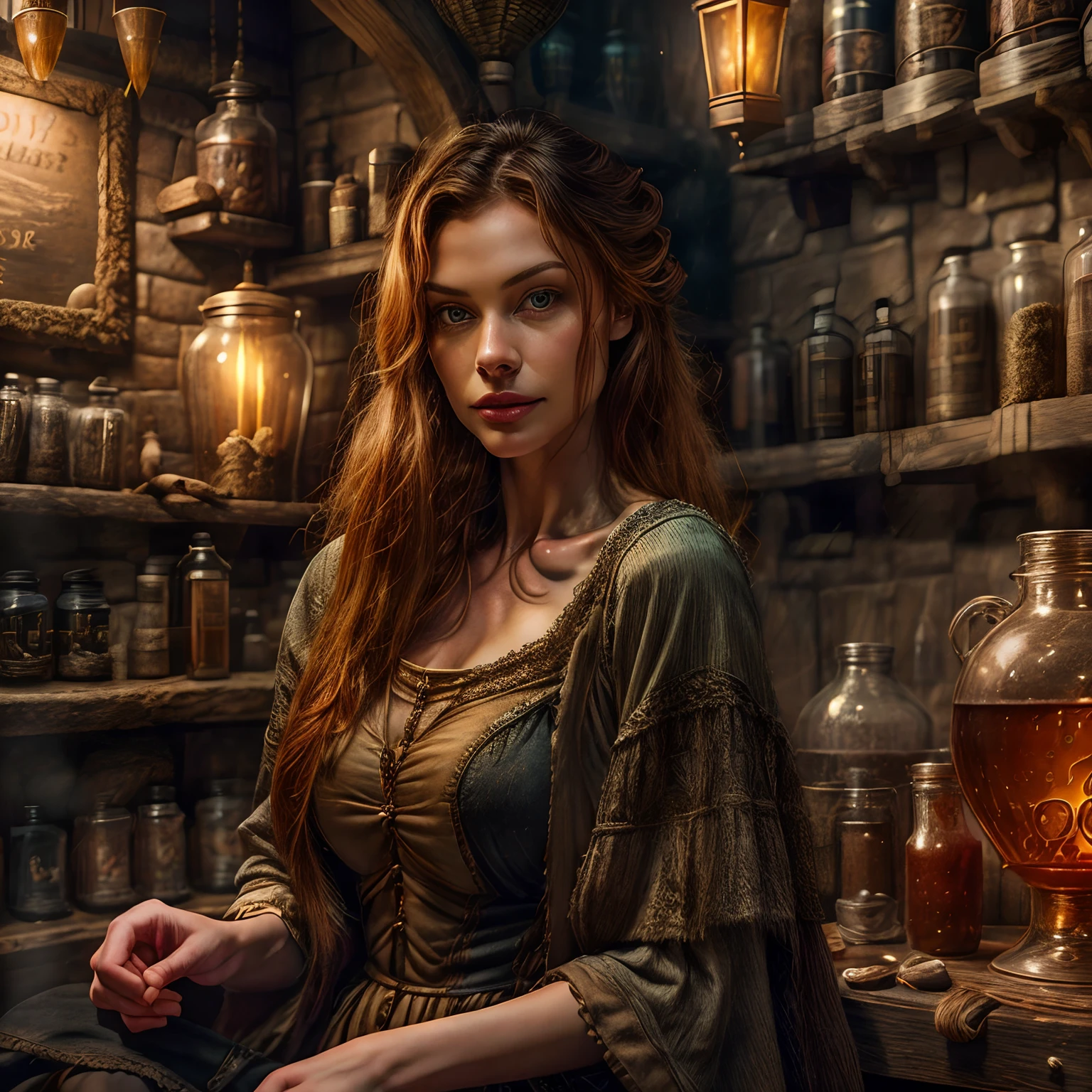 beautiful ginger women in detailed dress at cozy detailed potions shop, air above hair, IPA award wining, masterpiece