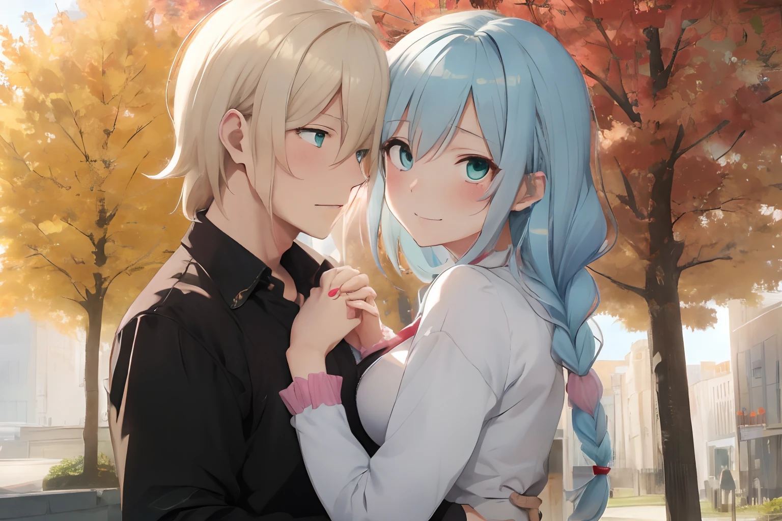 Modern City,fluffy hair,lightblue hair,a blond,Light pink hair,Red eyes,Green eyes,Orange Eyes,Katyusha,Braids,Autumn outfit,Short clothing that shows the buttocks,The sleeves of the clothes are a little long,I see a little cleavage,Moe Sleeve,Dating,Multiple people hugging each other,Hugging,watching each others eyes,Facing each other,blushing with embarrassment,Happy expression on face,Holding hands,Arms crossed,Flirting with a body that is in close contact