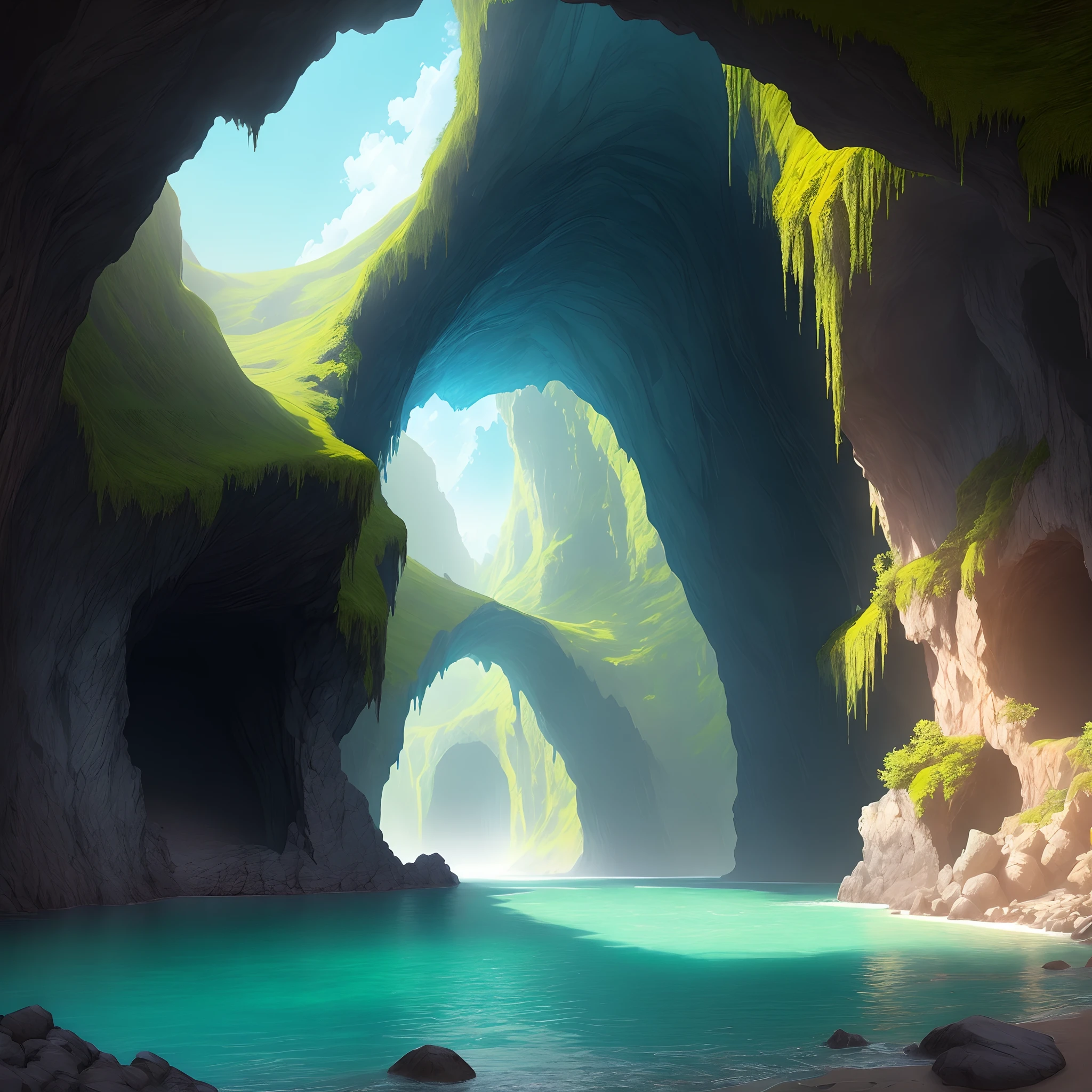 Lush cave with water