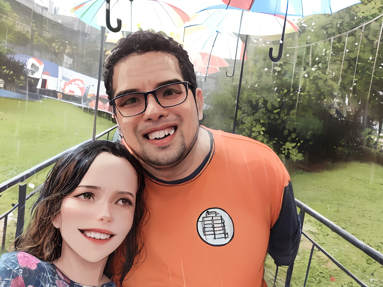 Pixar style image There are two people under umbrellas in the rain, In Sao Paulo, Casal feliz, Directed by: Nandor Soldier, chuva!!!!, david rios ferreira, Chovendo!!, Chovendo!!!, Parque em segundo plano, divertindo-se, In the rain, festival, com um parque ao fundo, Chovendo!, imagem de qualidade muito baixa, Malika Favre