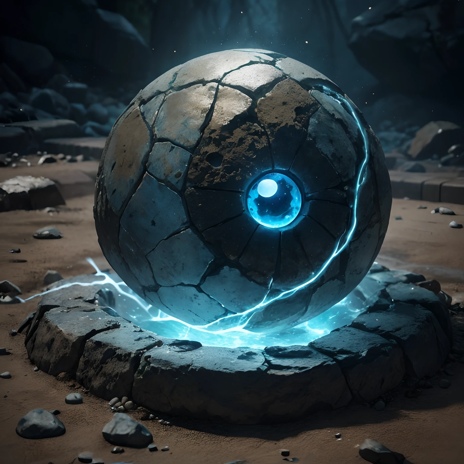 (best quality,Realistic),(Golem:1.2),single eye,Golem azul-core,Spherical blue core,(textura:1.2)Semelhante a uma rocha,old appearance,(circunstanciado:1.1)Rough surface,(The lighting:1.1)misterioso,brilho suave,(tom de cor)Toneladas Legais,tons azulados,(Detalhes adicionais)Cracks in the surface to show age and wear,- Reflective highlights on the core,Shimmering particles floating around the Golem,(luz:1.1)luar suave de cima,casting dappled shadows on the ground,(Estilo de arte)arte conceitual de fantasia