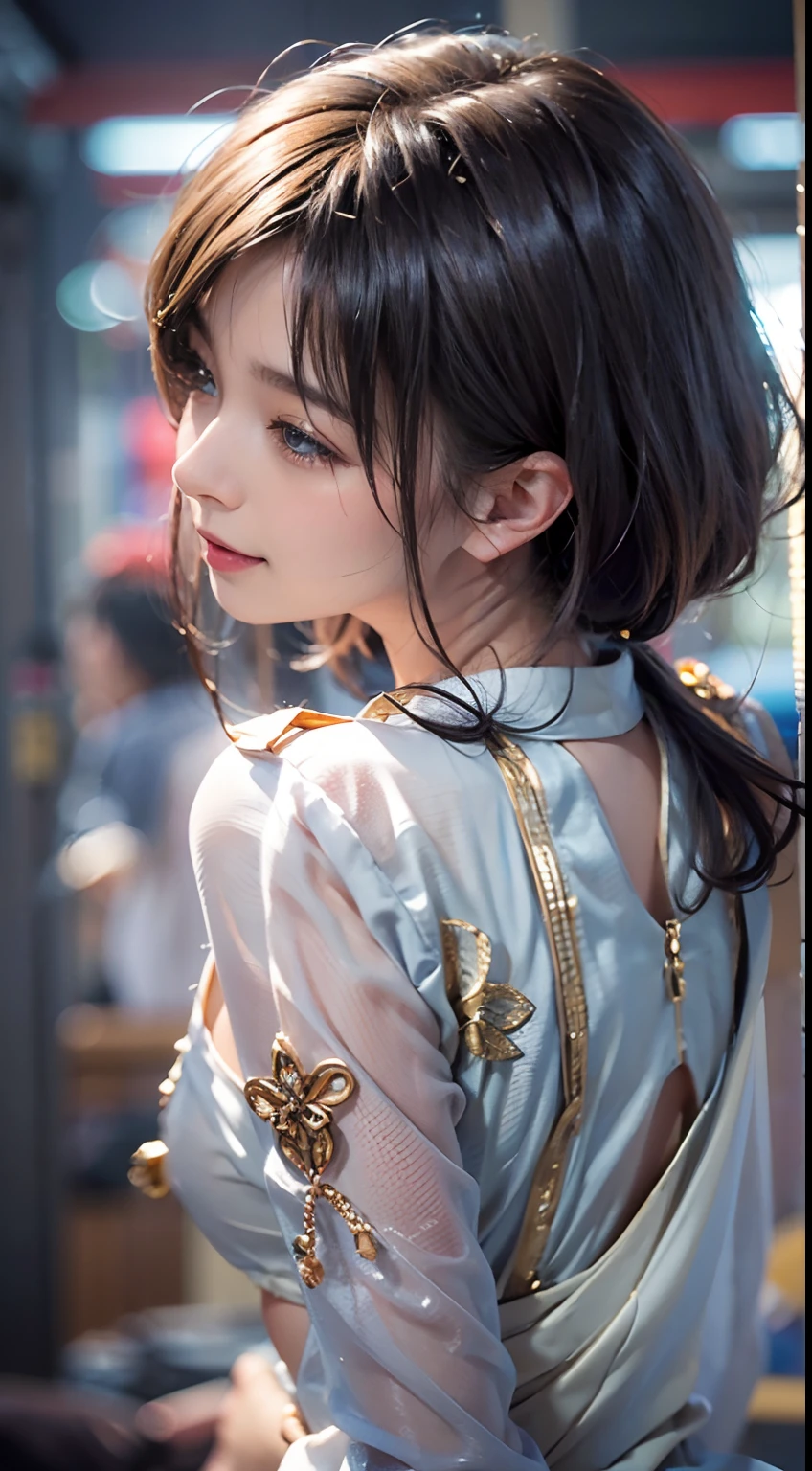 ((Japan Shinko outfit)), ((facing back)), ((Super close-up of the buttocks)), Shrines, Smiling smile, (NSfW), 1womanl, 独奏, 24 years of age, 7headed body, (Ideal body proportions), (Composition from head to toe), The erection, Sexy body, Wet, short-hair, Dark hair, small tits, slenderness, Small buttocks, beautifullegs, Skinny legs, surrealism, Cinematic lighting, depth of fields, One-person viewpoint, f/1.8, 135 mm, NffSW, masutepiece, ccurate, ((Anatomically correct)), Textured skin, Super detail, High details, High quality, awardwinning, Best quality, A high resolution, 8K