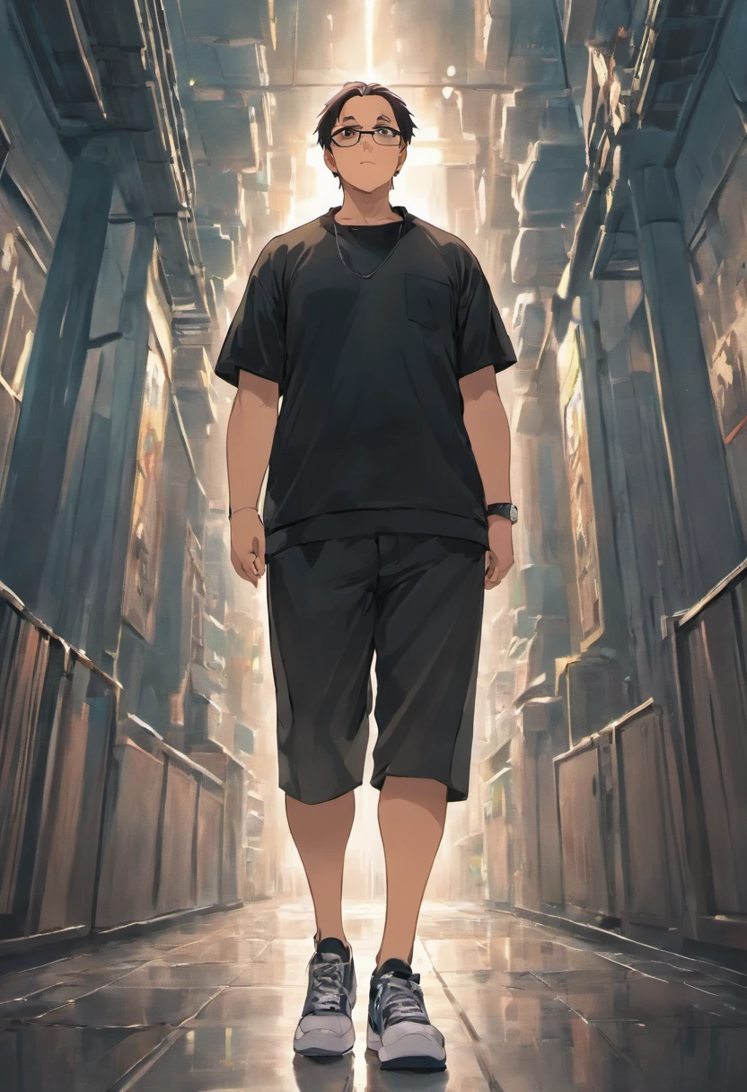 a tall,strong and chubby man,bald,wearing a black t-shirt,black shorts,white sneakers,glasses. walking in Rio de Janeiro.,illustration,ultra-detailed,highres,(realistic:1.37),vivid colors,portraits,hdr,warm tones,soft lighting