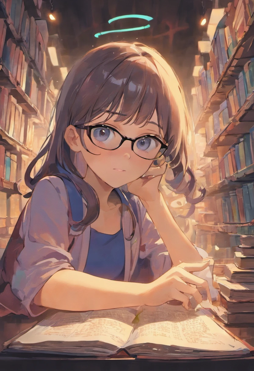 Pixar style image with 3D character glasses blue brunette woman, um gorda, Long straight hair with book in hand , Maquiagem Disney,Pescador, bonitinho, sorridente ,Close-up, Pixar, Disney, Cinema lighting,