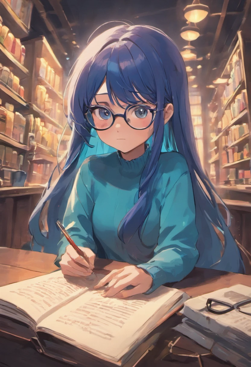 Pixar style image with 3D character glasses blue brunette woman, um gorda, Long straight hair with book in hand , Maquiagem Disney,Pescador, bonitinho, sorridente ,Close-up, Pixar, Disney, Cinema lighting,