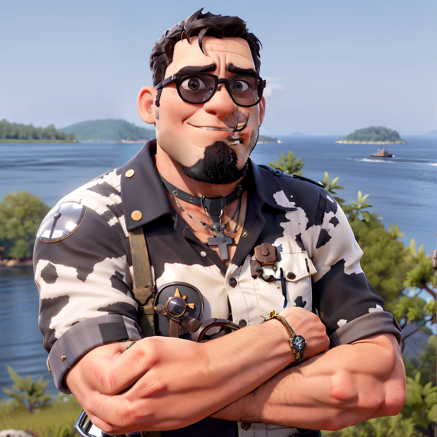 Homem com cabelo Preto estilo militar, Dark rounded glasses, Crucifix steel cord around the neck, com braba estilo van dike, com camisa rajada cinza e preto, folded arms, With steel rings on the fingers, watch on the arm and men's bracelets on the arm, Background: The black river with trees.