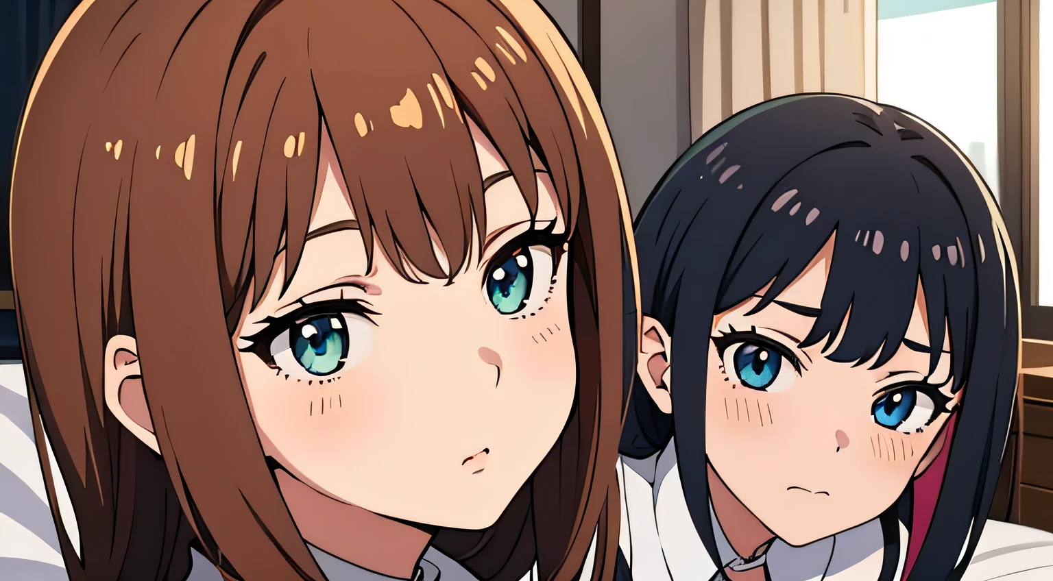 2 girls, (beautiful eyes finely detailed, multicolored hair), wearing idol uniform, sit on the bed, full body, teasing facial expression, looking at the camera, blush on their face, bedroom, master piece, sidelighting, top-quiality, detailed, High Resolution anime illustration