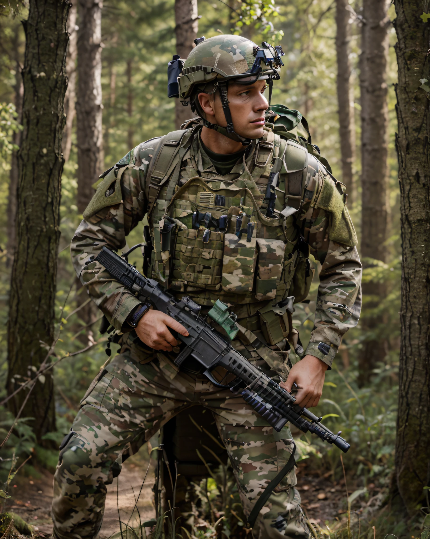 male soldier, military helmet, wears camouflage paint on his face, blue and green camouflage military uniform, bulletproof vest, light armor, black military boots, gloved hands, holds a rifle, Belt with ammunition, is in a hyper-realistic Norwegian forest , hyperrealistic, 4k, Ultra detailed image, realistic, Highly detailed, perfect composition, gorgeous, Intricately detailed, incredibly detailed, Art photography 8K, hyper detailed, Masterpiece, Ultra detailed, hyper realistic, 4k, Ultra detailed image, realistic, Highly detailed , perfect composition, beautiful, intricately detailed, incredibly detailed, art photography 8k, hyper detailed, masterpiece