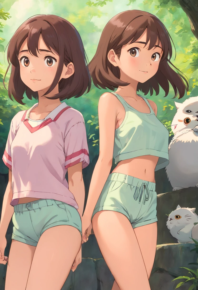 La mejor calidad,ultra detallado,realista,retrato,Chica encantadora ,hermosos ojos detallados, girl with a shy smile and blush wearing a crop top and pajama shorts, (ombligo expuesto) en un sudor, Eye-catching pose showing her butt from multiple views