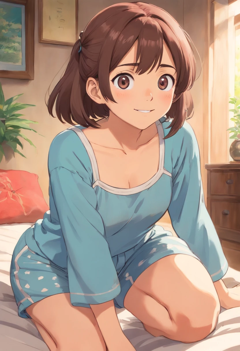 La mejor calidad,ultra detallado,realista,retrato,Chica encantadora ,hermosos ojos detallados,14 year old girl with a shy smile and blush wearing a crop top and pajama shorts, (ombligo expuesto) en un sudor, Eye-catching pose showing her butt from multiple views