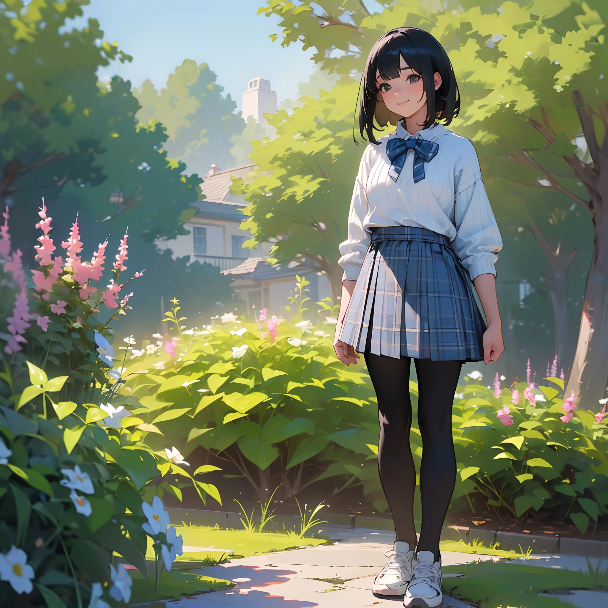 (High quality, High resolution, Ultra-detailed, Realistic:1.37), peaceful ambiance, (plein air, garden),  girl standing alone, Beautiful detailed features, Cute smile, (Black bob hair), White ribbed sweater, blue plaid skirt, Black tights, White sneakers.