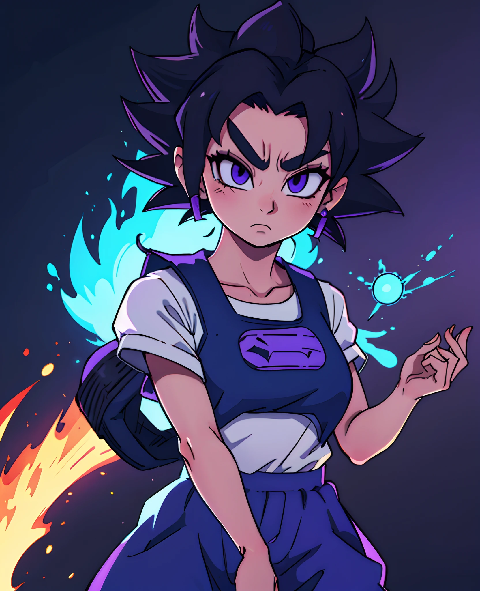Vegeta Super Saiyan BLUE Black and Purple Smoky Background with Brave Expression