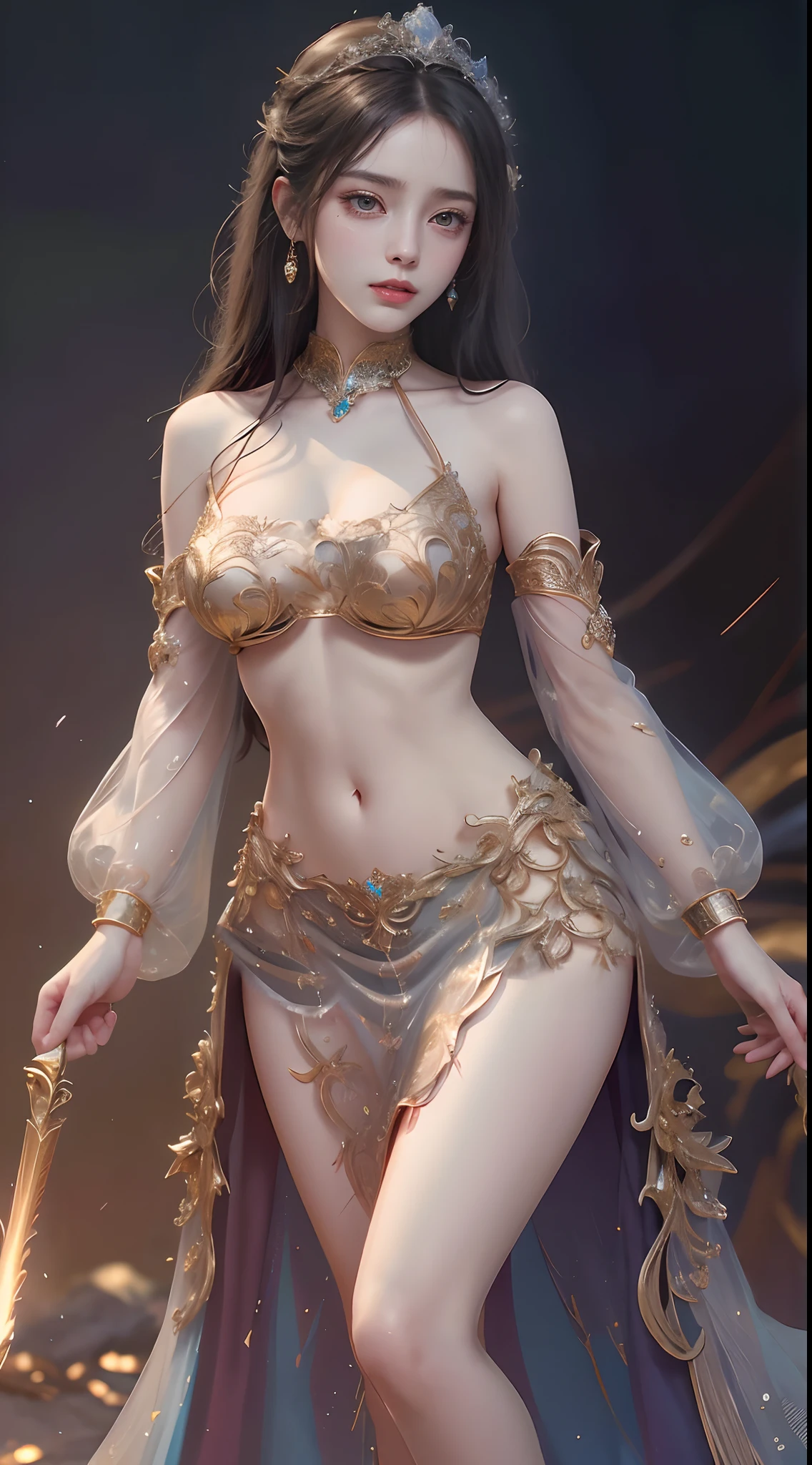Woman in a red see-through dress,view the viewer,(((nedium breasts, cleavage ))),Slim waist,(navel baring,Bare waist), Long hair, Ultra-detailed details,High-end Zhenyi station, Rainstorm site, detailed fantasy art, Stunning character art, Beautiful and exquisite character art, Beautiful gold and silver armor, Extremely detailed, Girl in shiny armor, Exquisite tiaras and jewelry,Crystal jewelry filigree, milky ways, Stunning visuals, (dynamic streaks, light tracks:1.2), Vibrant colors,