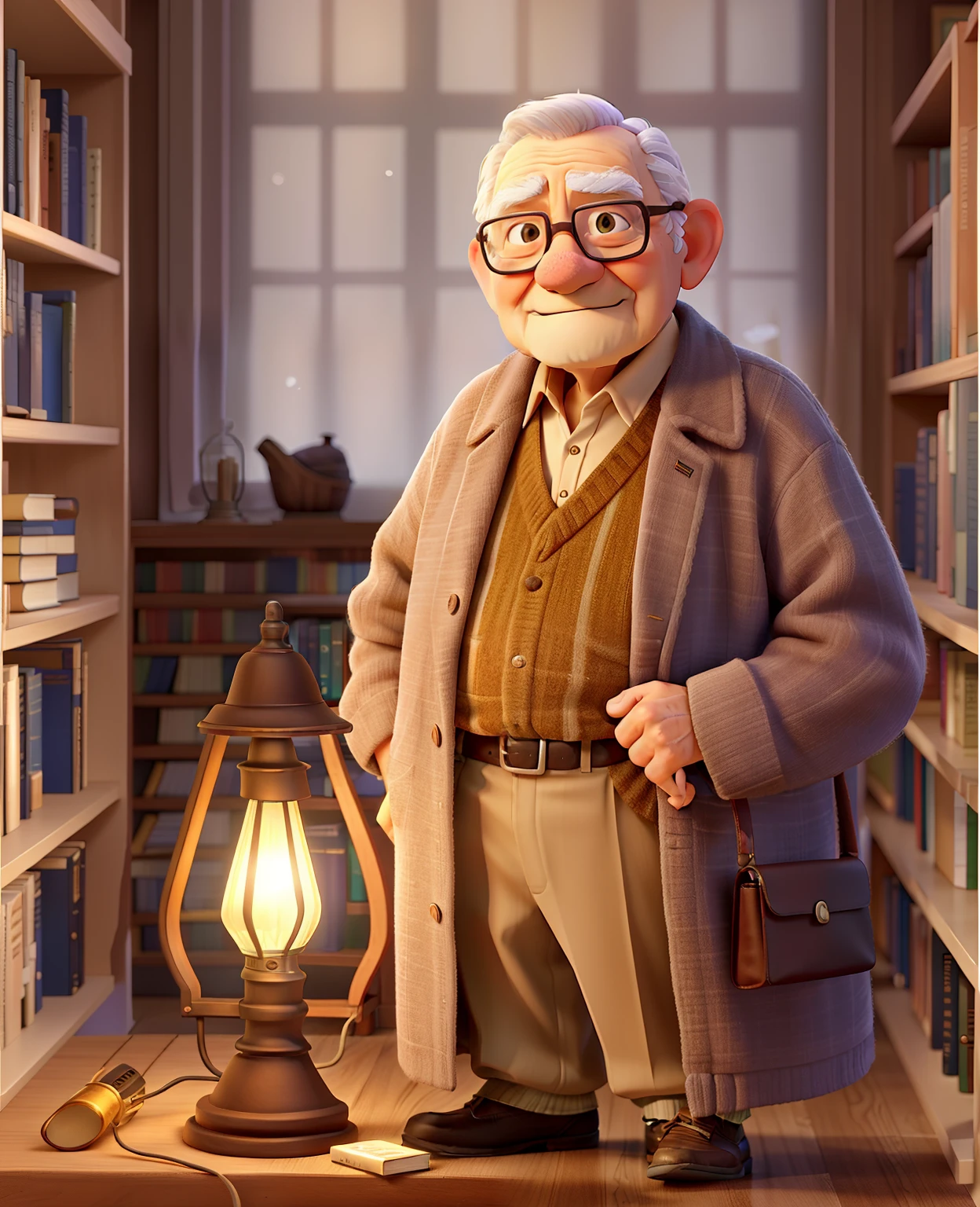 A wise old man standing in front, illuminated by the light of a lamp, against the backdrop of a library
