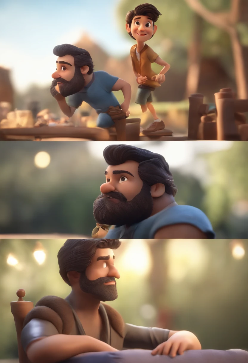 Crie um personagem dos desenhos animados de um homem de trinta anos com cabelos pretos um pouco calvo, olhos castanhos e barba fechada, usando camisa azul, segurando um joystick, animation character, Caractere estilizado, animation style rendering, 3D estilizado, Arnold Maya render, 3 d render stylized, toon render keyshot, Personagem 3D, Personagem 3D, 3d rendering stylized, 3 d character render, personagem de desenho animado, Personagem de close up, Pose de personagem,  (Estilo Pixar) (master part:1.2) (Bokeh) (best quality) (pele detalhada) (textura detalhada) (8k) (argila) (Cinematic lighting) (foco nítido