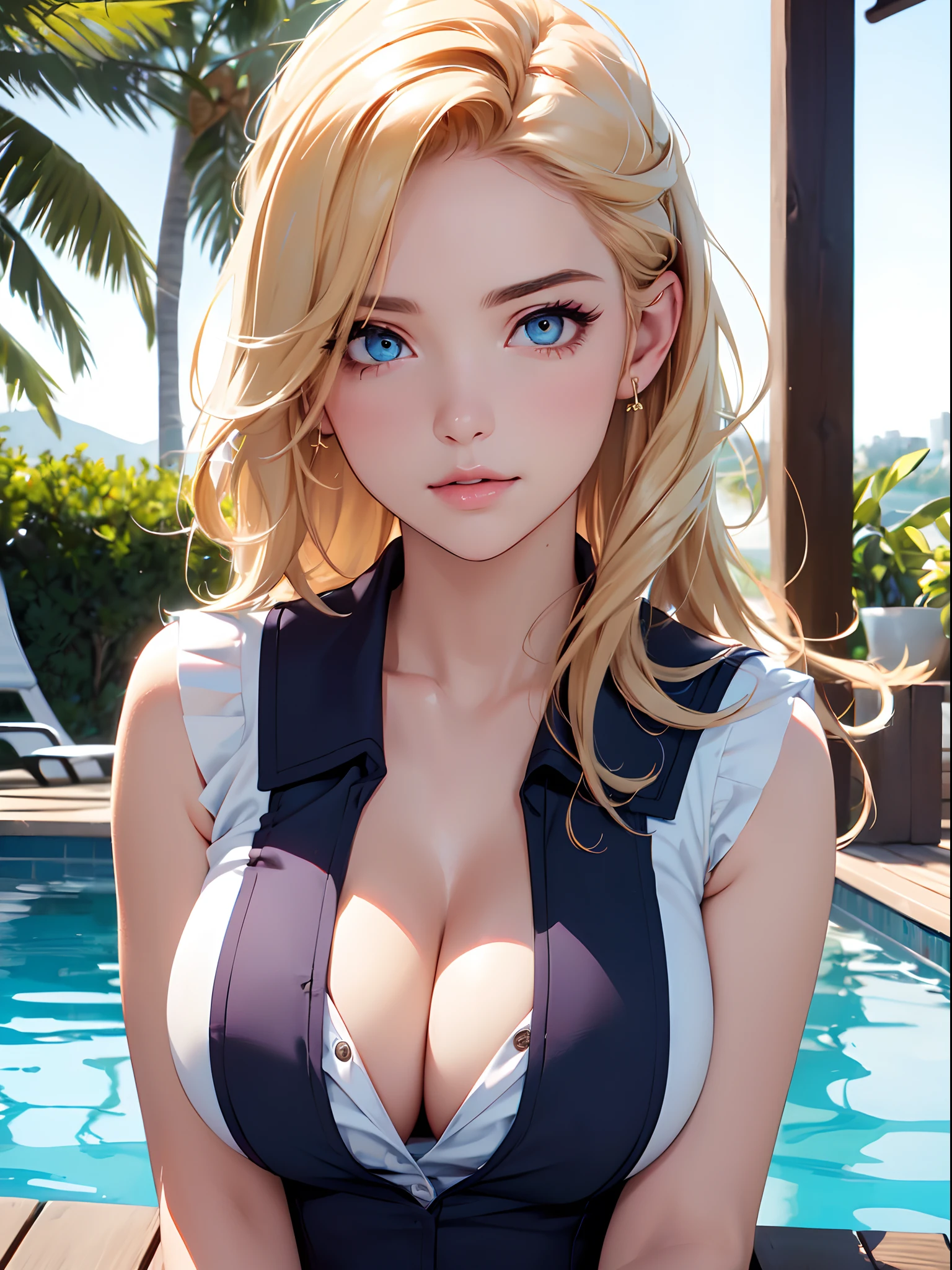 close up of upper body,  (large breasts), (cleavage),  ((Smooth texture, Realistic texture, Photorealistic)),  (Detailed beautiful eyes, Beautiful eyelashes, emerald eyes), blonde medium hair, extremely detailed CG unified 8k wallpaper, very fine 8KCG wallpaper, (​masterpiece, Best Quality), High resolution, Ultra-detailed, ultra-sharp, 1 woman,  at poolside,  ((( shee rwhite sailor shirt, Sleeveless, Open front))),   (Beautiful face, Cute face, Detailed face),   (((Sunny))), Perfect Eyes Eyes