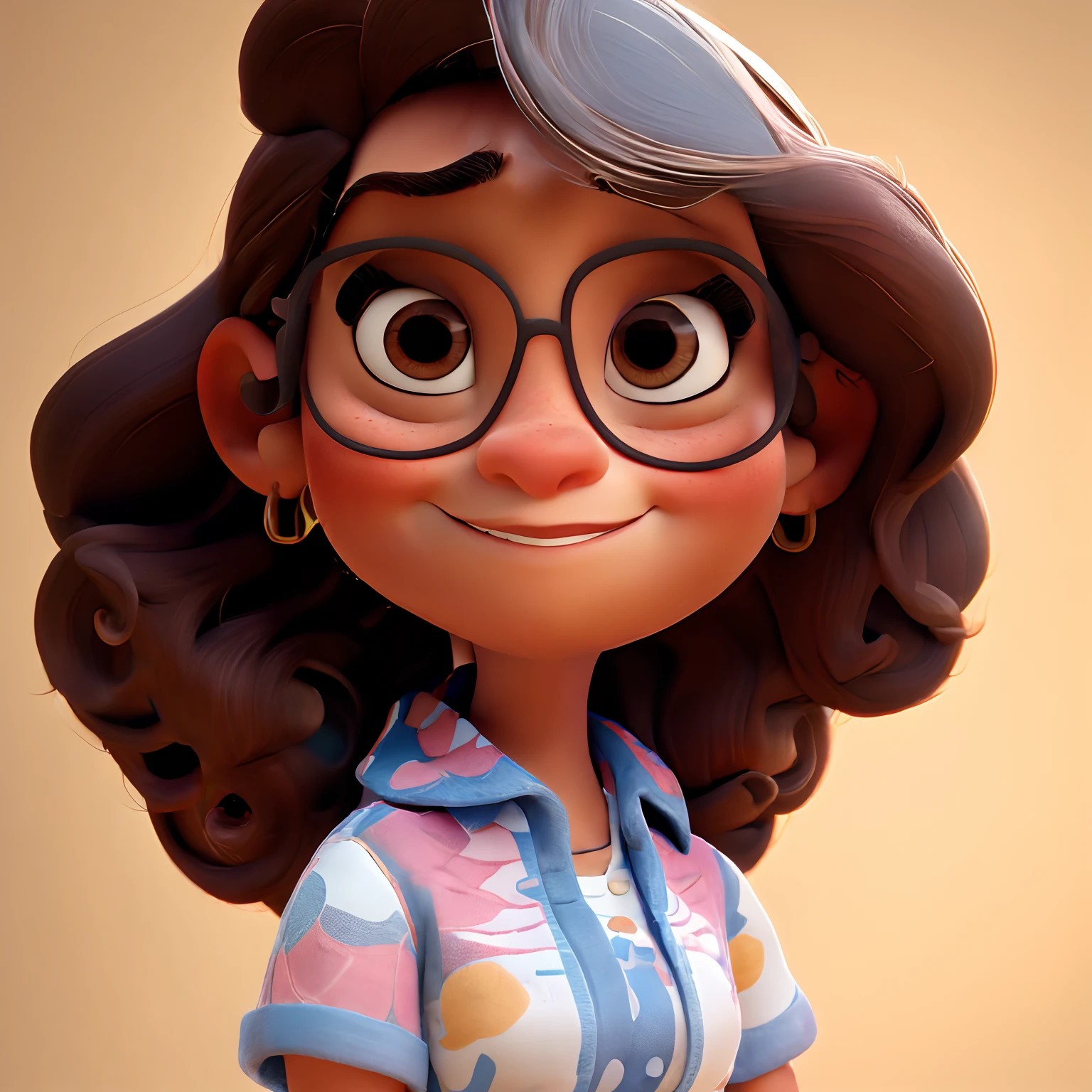 Mulher estilo disney pixar numa ambiente cheio de tupperware.  Mulher morena usando oculos roupa calca e blusa cabelo castanho rosto redondo