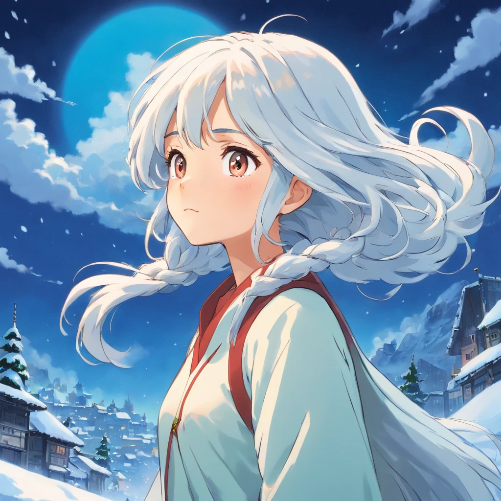 Una mujer de cabello blanco como la nieve parada al borde de un acantilado muy profundo que observa hacia abajo, donde se vean las nubes en e lcielo y una tormenta que asota con fuerza