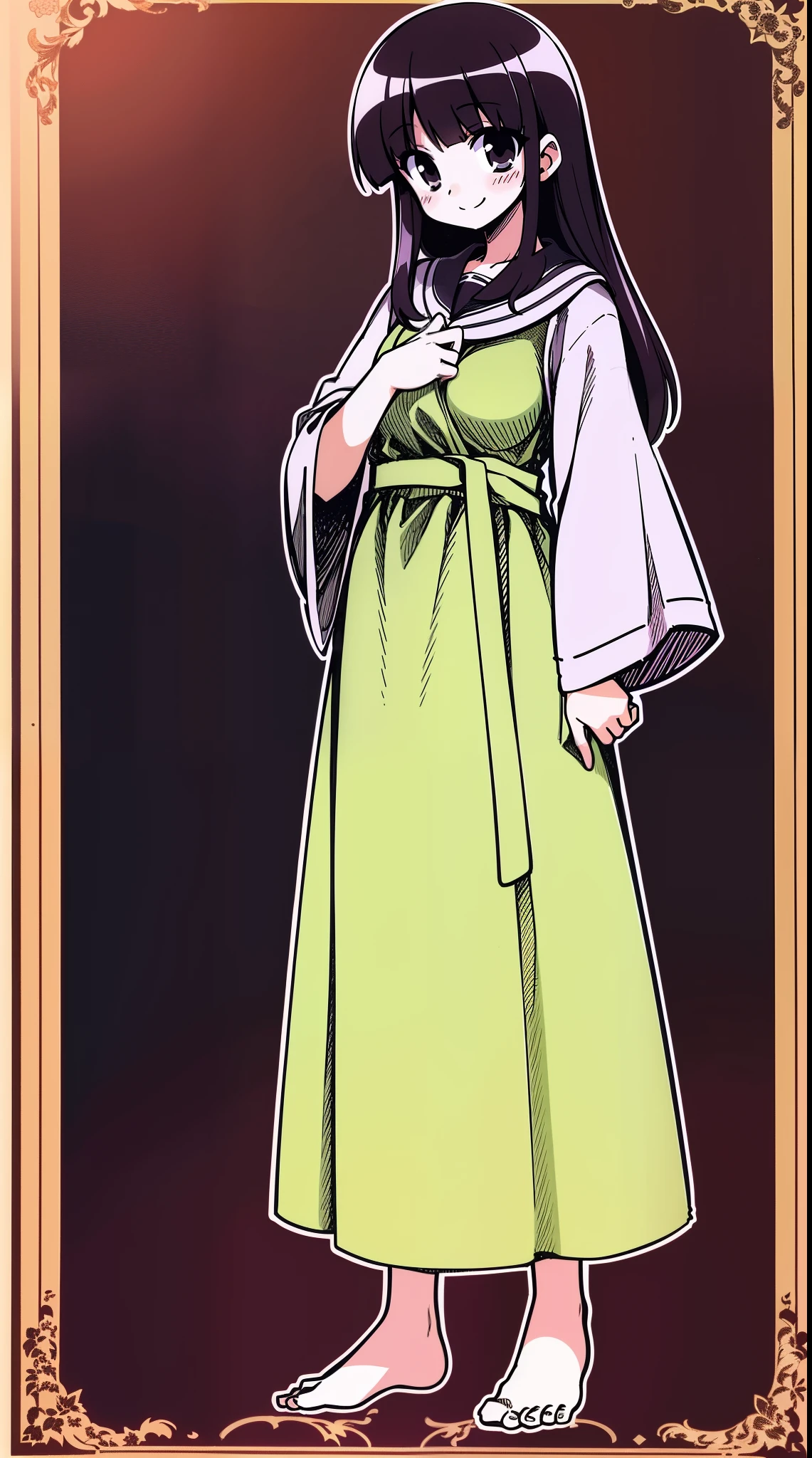 poncho, long sleeve, tomboy, long hair, long skirt, robe, black hair,smile, blush stikers, medium breast