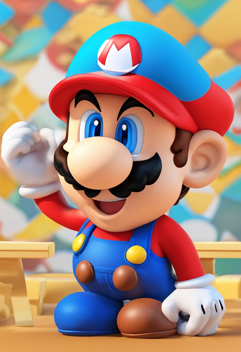 (Mario), design de personagens, Nintendo Super Mario, (olhos azuis, red hat, terno vermelho, blue suspenders, luvas brancas, )super bonito estilo caixa cega, Chibi, corpo inteiro, exaggerated expressions and actions, fundo limpo, Destaques iridescentes brilhantes, studio lighting, Atmospheric Illumination, com textura requintada, High detail, high resolution, c4d, ..3d, Liquidificador, 8k, best quality, Ultra High Definition