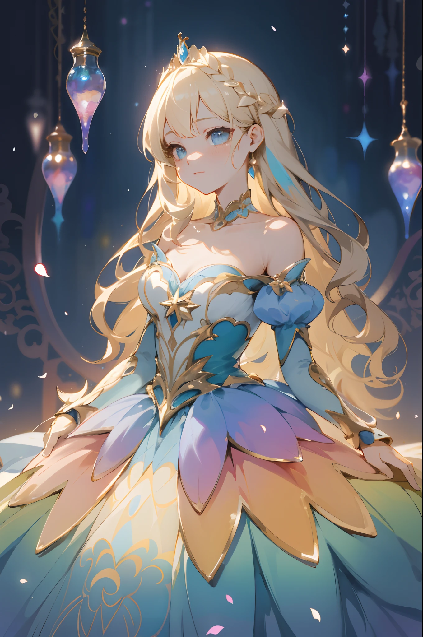 beautiful anime girl, princess, colorful fantasy princess layered ballgown, colorful rainbow layered ballgown dress, layered skirt that looks like petals, fantasia background, muted pastel colors, (masterpiece), best quality, sharp focus, intricate details, highly detailed, detailed dress design, sharp focus, high resolution, 8k resolution, beautiful face, golden ratio, perfection, perfect composition, sparkling eyes, highly detailed eyes, perfect face, beautiful, sparkling lights, dark background, cinematic lighting, long wavy blonde hair