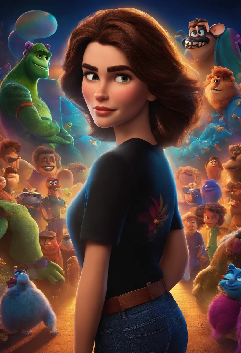 filme Marketing 2023 estilo filmes Pixar, Com nome "N - Marketing", poster, With short, lighter brunette hair and a black t-shirt in front of her crossed arms.