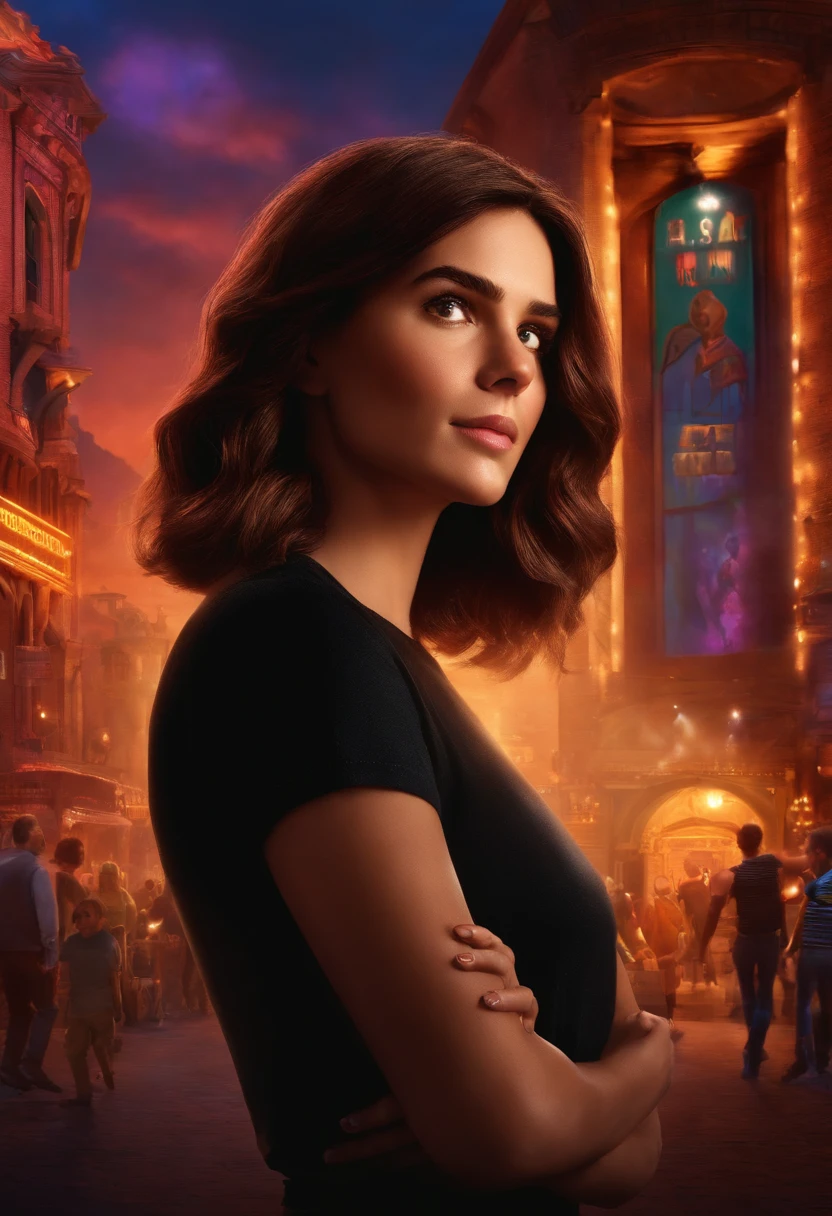 filme Marketing 2023 estilo filmes Pixar, Com nome "N - Marketing", poster, With short, lighter brunette hair and a black t-shirt in front of her crossed arms.