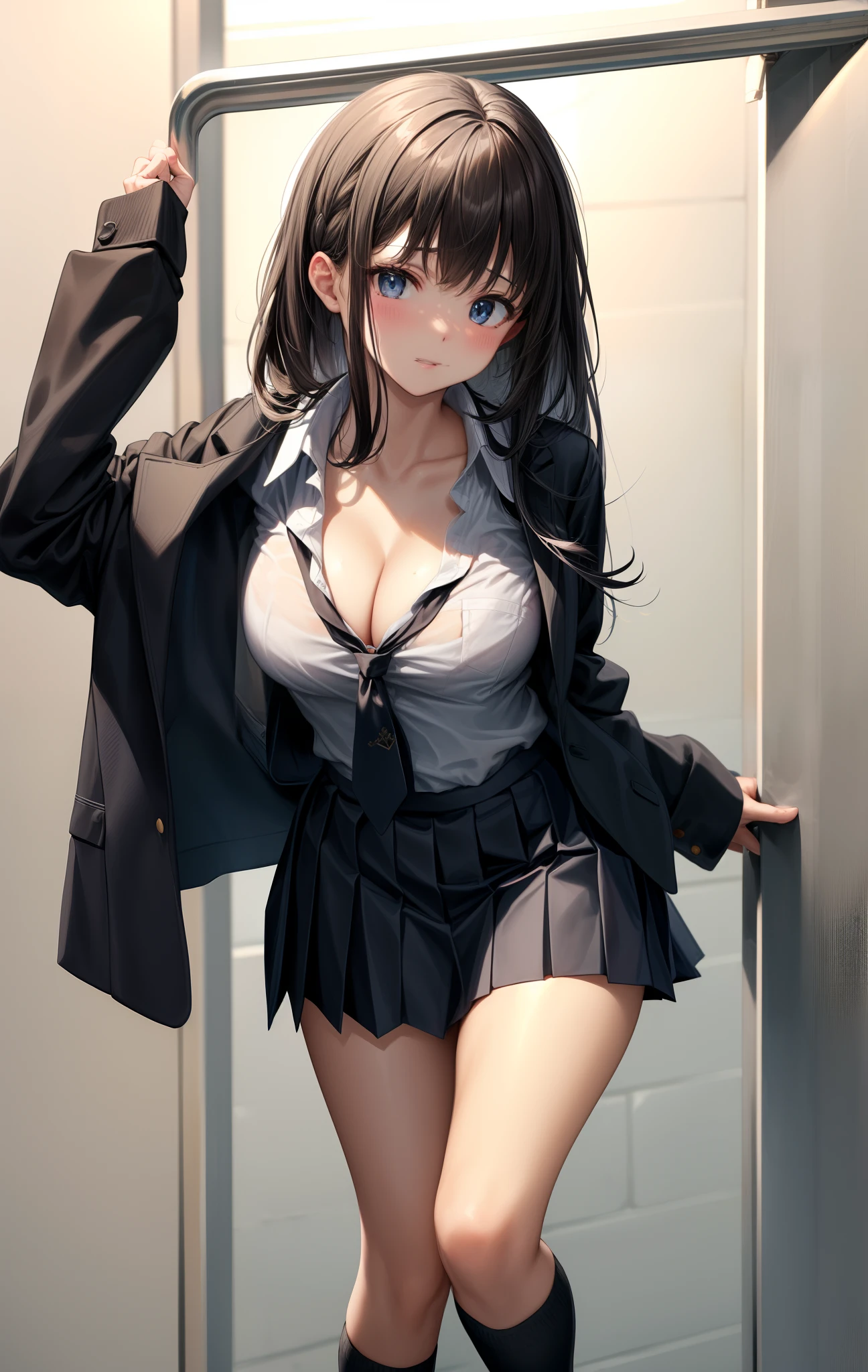 black necktie, Long sleeves, Pleated skirt, School uniform, Shirt, Skirt, sleeves rolled up, White shirt, cleavage,