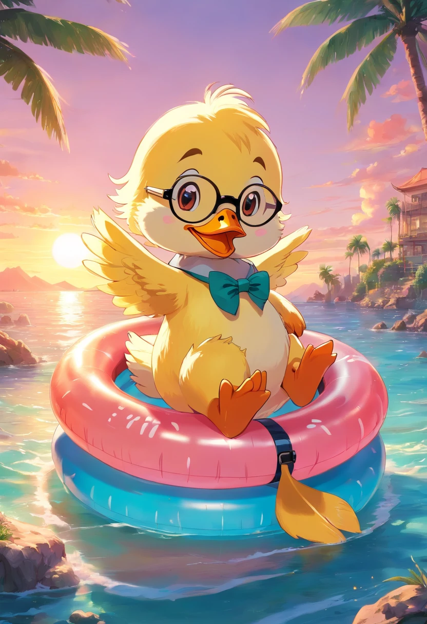 duckling wearing glasses in an inflatable ring, Beautiful sea, Sunset in pink tones , Against the backdrop of an island with palm trees, boy duck