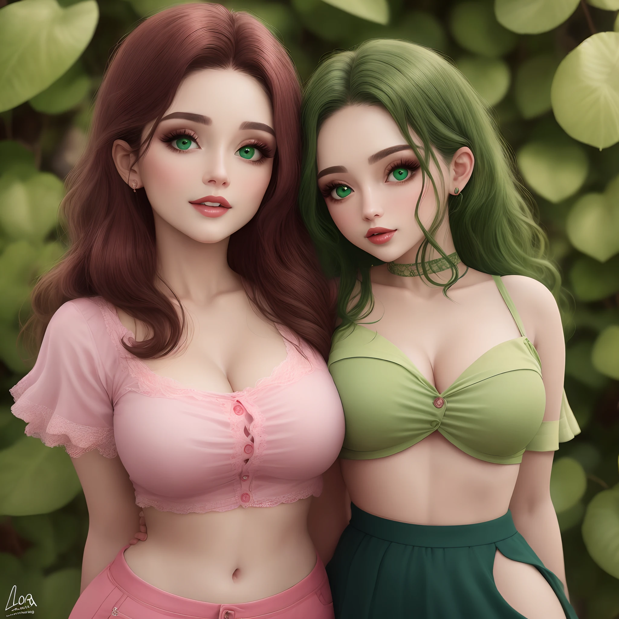 Loira com olhos verdes e com um cropped rosa