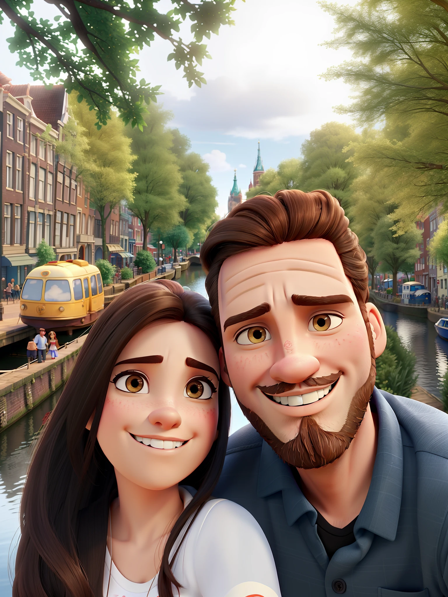 Casal estilo disney pixar melhor qualidade alta qualidade. White man with short hair with topknot and beard and brown eyes brunette woman with rounded nose and long straight hair with Amsterdam canal in the background and trees, poster disney