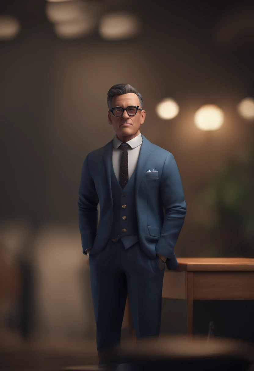 Cartoon character of a man wearing black glasses and a blue shirt, um personagem animado, Caractere estilizado, animation style rendering, 3D estilizado, Arnold Maya render, 3 d render stylized, toon render keyshot, Personagem 3D, Personagem 3D, 3d rendering stylized, 3 d character render, personagem de desenho animado, Personagem de close up, Pose de personagem, (Estilo Pixar) (master part:1.2) (Bokeh) (best quality) (pele detalhada) (textura detalhada) (8k) (argila) (Cinematic lighting) (foco nítido,Senta e vaza a parte superior do corpo