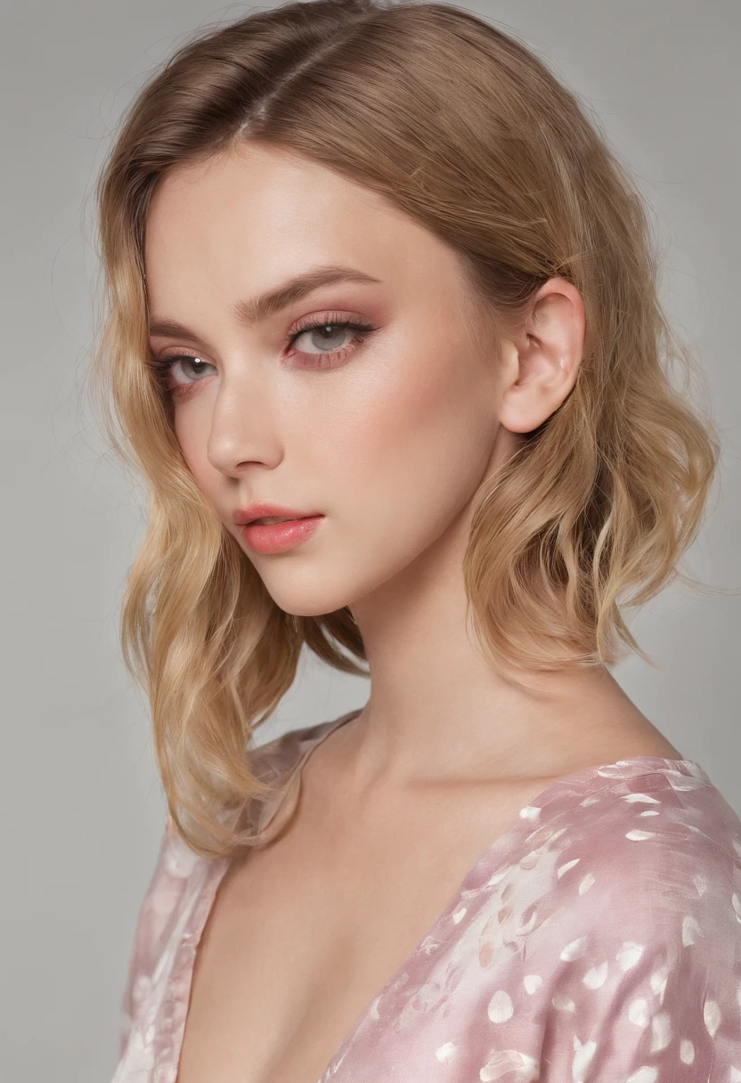 Blond brown hair, (RAW photo), (realism: 1.8), (gloss red lipstick, many eyelashes, dark eye shadow, shy, blushing, high quality, high resolution, depth of collage compound field, chromatic aberration, caustic, wide light, dark pink glossy skin, (21 year old woman), smartwatch, smartphone, stylish college girl, silk pink night drees, skin tight cloths, lots of exposure, posing for photo, visible 8k resolutions,