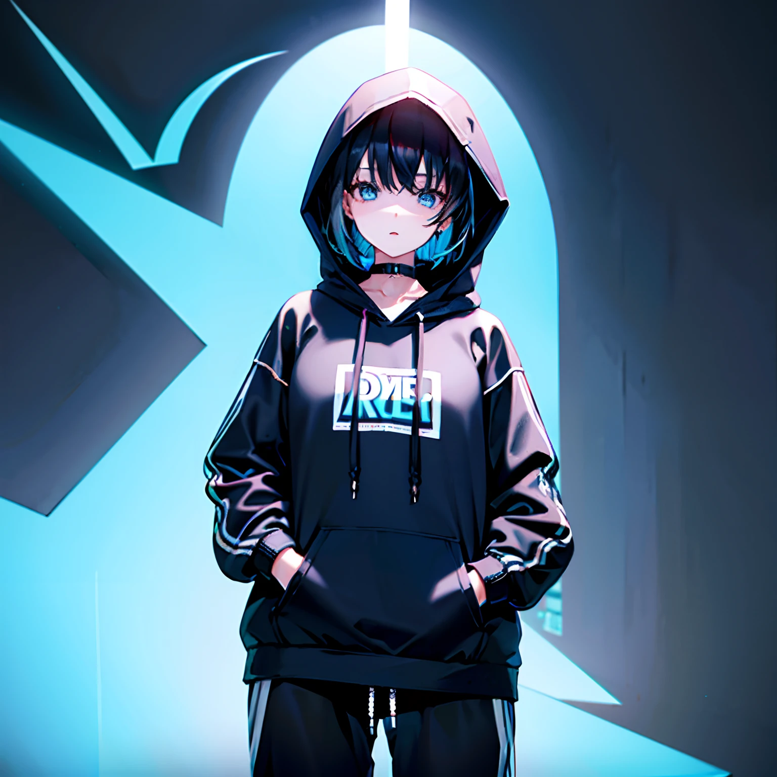 girl with,Blue inner color for black hair,Bob Heyer,A black hoodie and black sweatpants cover her neck、Wearing a hood.Background Simple