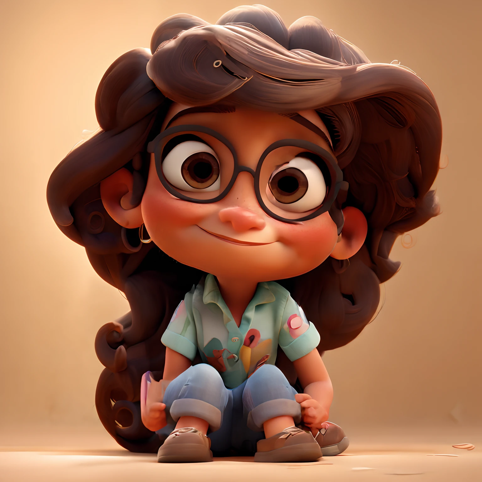 Mulher estilo disney pixar numa ambiente cheio de tupperware. Mulher morena usando oculos roupa calca e blusa cabelo castanho rosto redondo