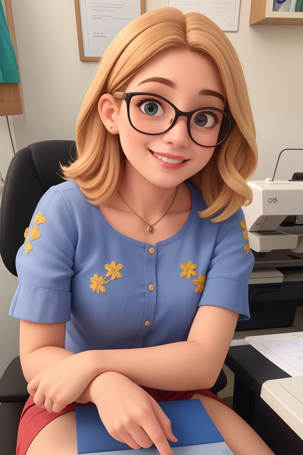 Uma mulher de 38 anos, com longos cabelos loiros , Not very round face, sorriso encantador, e olhos castanhos, wearing glasses. Sem brincos ou colares, num atelier de costura e bordados, sitting in front of a Brother embroidery machine. Sem brincos e sem colares, usando uma.camisa branca
