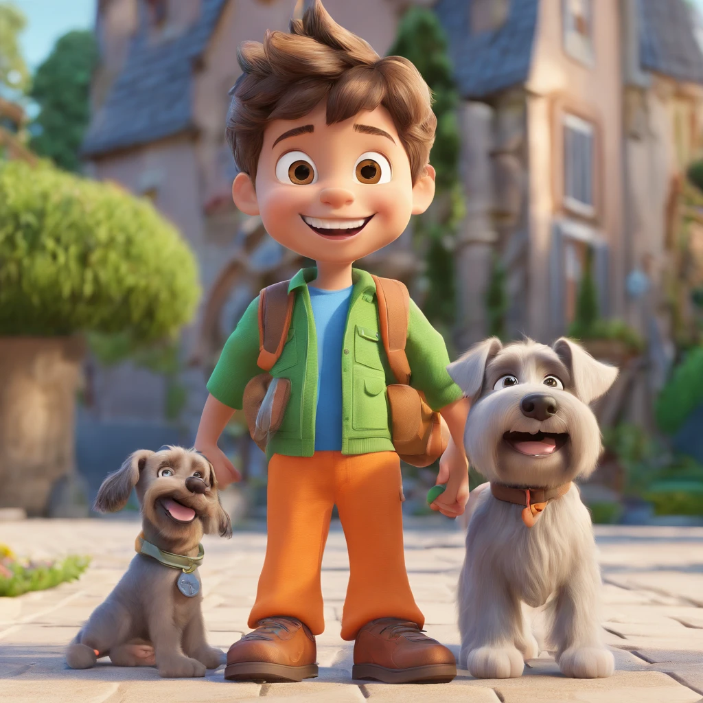 Lucas is a smiling 5-year-old human boy, com seu fiel amigo, Bolt, o cachorro schnauzer, deitados no jardim
