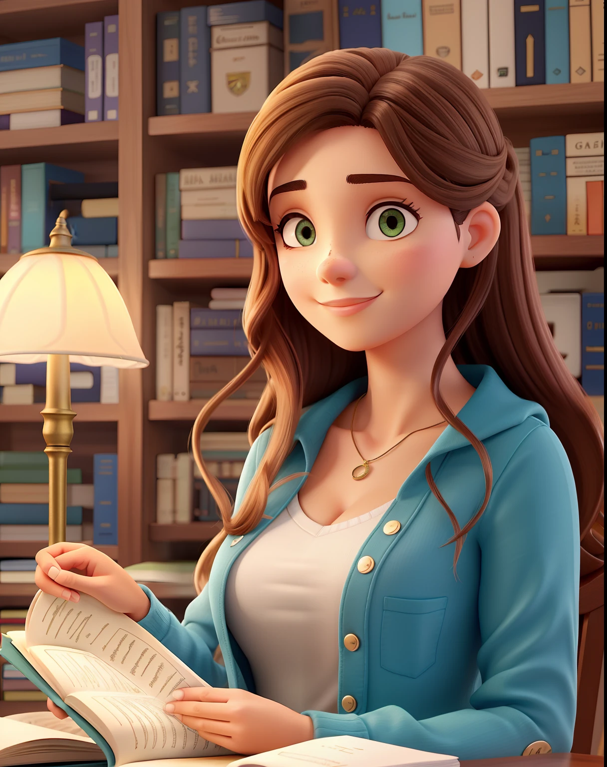 Uma mulher branca, magra, fine strokes, com franjinha, cabelo grande liso e castanho, olhos castanhos, parada na frente, usando roupa elegante, segurando o livro orgulho e preconceito, illuminated by the light of a lamp, contra o pano de fundo de uma biblioteca, alta qualidade