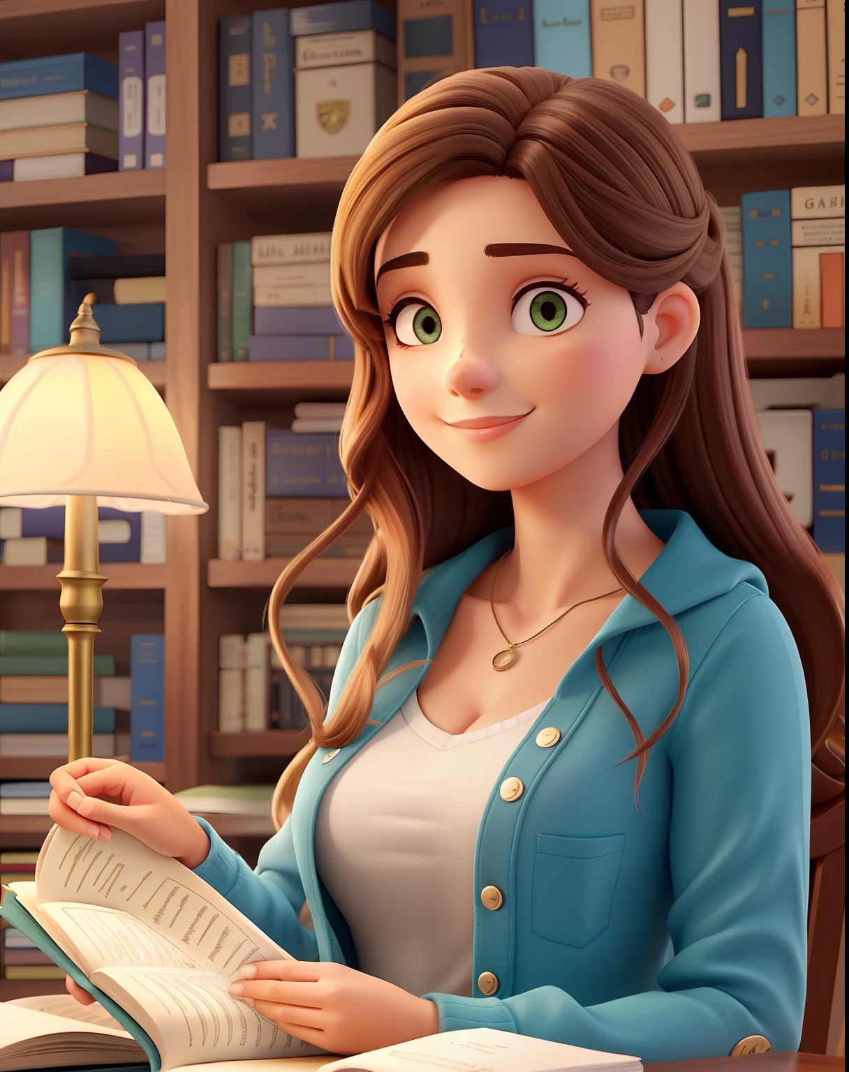 Uma mulher branca, magra, fine strokes, com franjinha, cabelo grande liso e castanho, olhos castanhos, parada na frente, usando roupa elegante, segurando o livro orgulho e preconceito, illuminated by the light of a lamp, contra o pano de fundo de uma biblioteca, alta qualidade