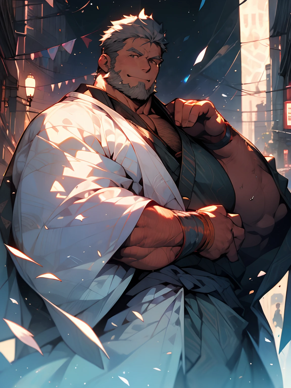 Man with horns，40 years old，Long Hair，Gray Hair，Masculine face，smile，beard，Black kimono with an open chest，geta，Red belt，burly，(best quality)，((8k))，((extremely detailed))，((ultra quality))，Sitting on the roof of a shrine，Japanese god，high resolution，detailed，masterpiece，