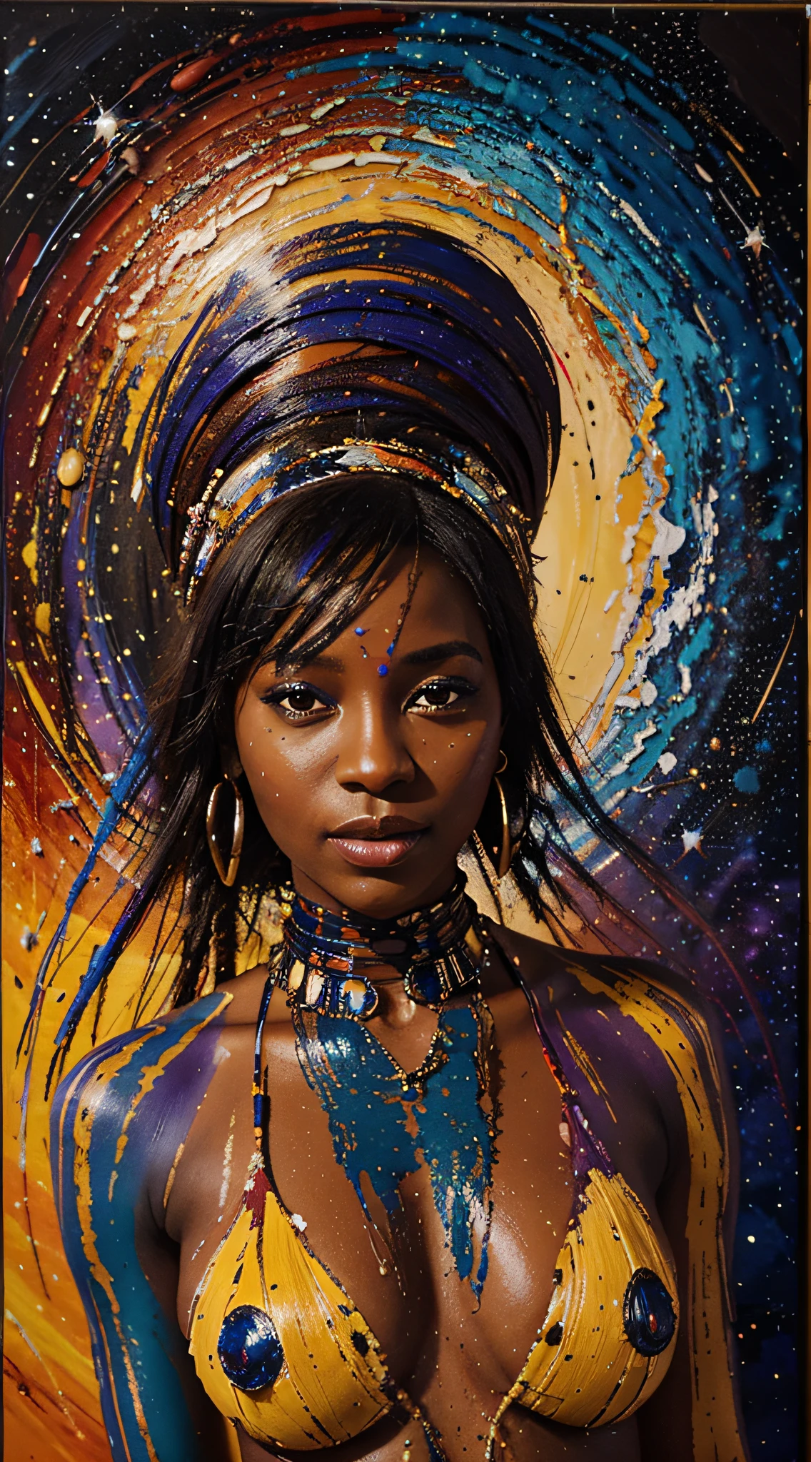 a vibrant colours palette knife abstract painting of a beautiful African woman clothed in a galaxy,. She is a goddess of wisdom in a galaxy filled with heavenly colours of delight, a whisper of peace flows through the channels of the galaxy, with blues, reds and purples of joy splattered around the African woman