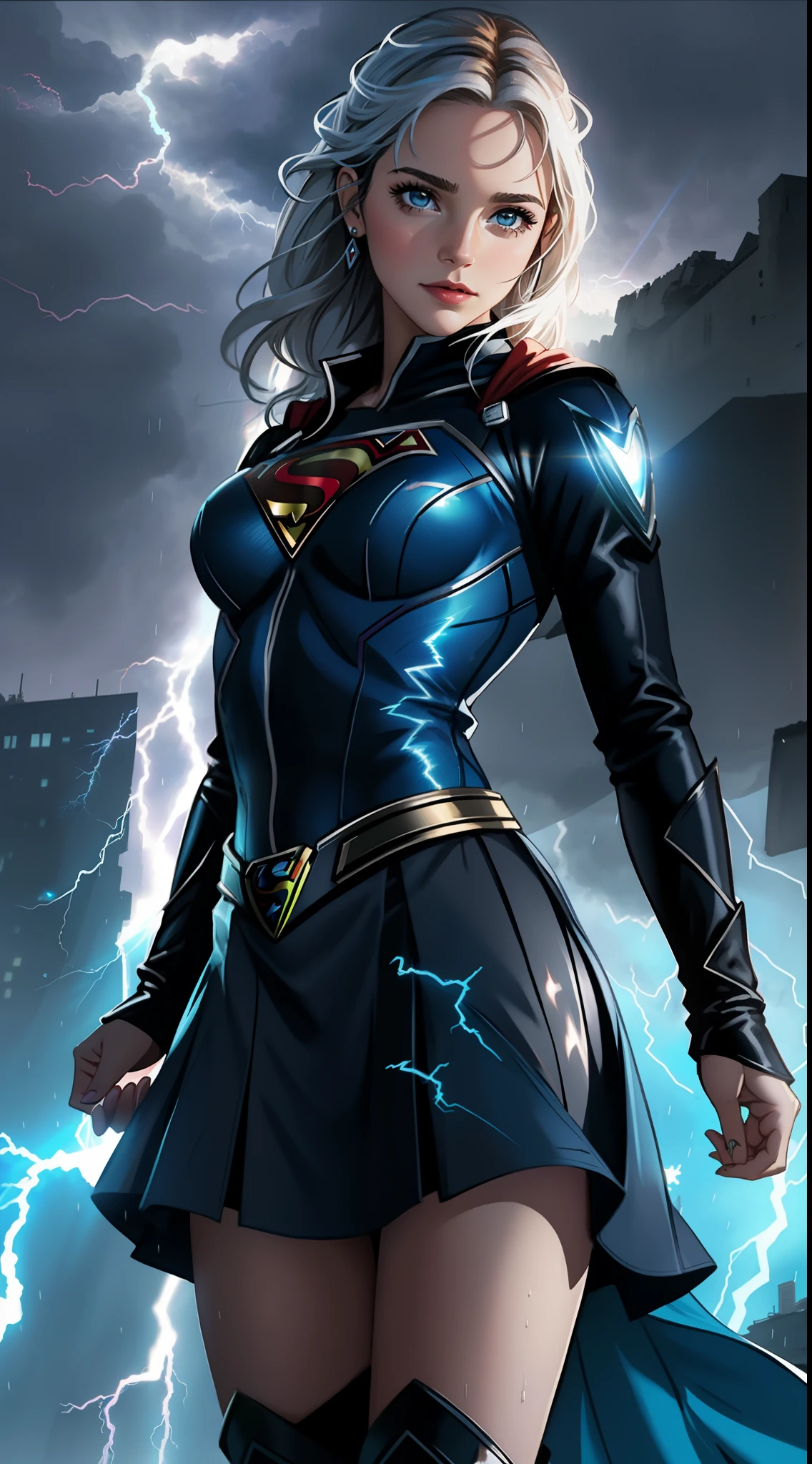 Un primer plano de una mujer con un disfraz de Superman de pie en una ciudad, Superchica, Gal Gadot como Supergirl, superhero body, super-hero girl, Super model, Superhero, amouranth as a super villain, hybrid of gal gadot, super hero, Gal Gadot as the Lord of Hell, the strongest superhero, Emma Watson como Supergirl,Apocalyptic destroyed city, lluvia cayendo, More detailed 8K.motor irreal:1.4,UHD,La mejor calidad:1.4, fotorrealista:1.4, textura de la piel:1.4, obra maestra:1.8,obra-prima, mejor calidad,objeto Objeto], (detailed face features:1.3),(mini-skirt white:1.4),(mostrando panties),(puesta de sol Apocalyptic:1.4),(White Superhero Costume:1.4),(cabello blanco canoso:1.4),(Rainy blue lightning background:1.4)